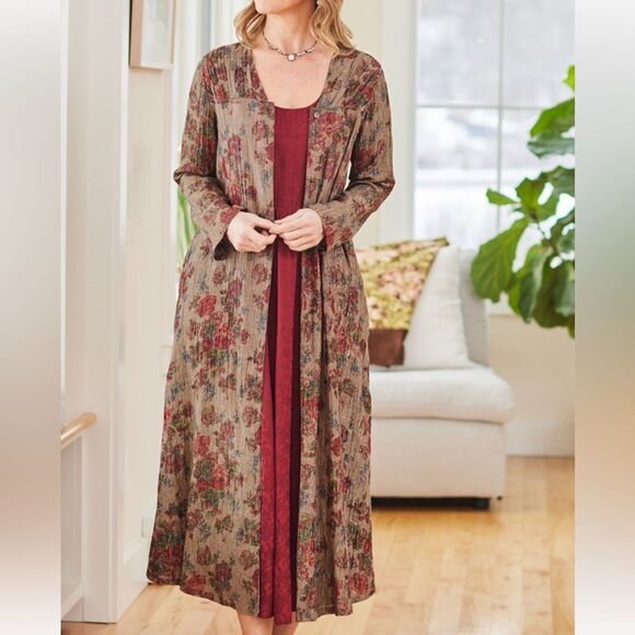 April Cornell Floral Shimmering Rose Metallic Long Duster Jacket| L - Picture 1 of 12